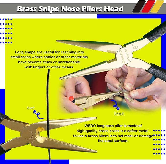 WEDO Brass Long Nose Pliers 8", with Non-Slip Handle, Snipe Nose Pliers, Length 200mm