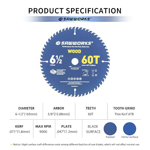 SawWorks 6-1/2" 60T Thin Kerf ATB Circular Saw Blade, Fine Finish for Trim Carpenters & Cabinet Makers, 5/8" Arbor