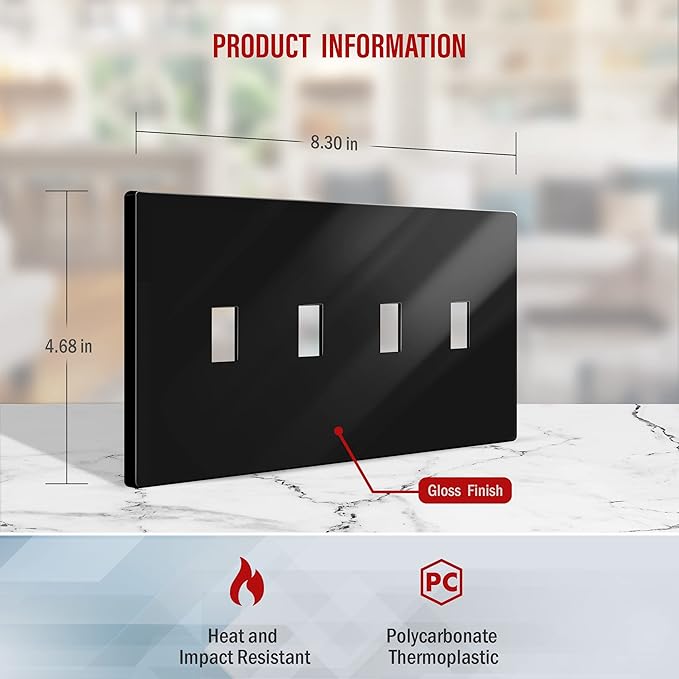 ENERLITES Screwless Quadruple Toggle Switch Wall Plate, Child Safe Light Switch Cover, Standard Size 4-Gang 4.68" x 8.38", Unbreakable Polycarbonate Thermoplastic, UL Listed, SI8814-BK, Glossy, Black