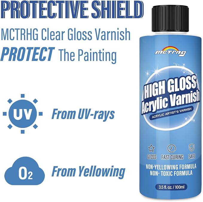 Gloss Varnish for Acrylic Painting, Artist's Acrylic Varnish, Non-Yellow, Non-Toxic, Anti-Crazing, High Gloss Finish, Clear Coat for Artwork, for Pro & Hobby Artists