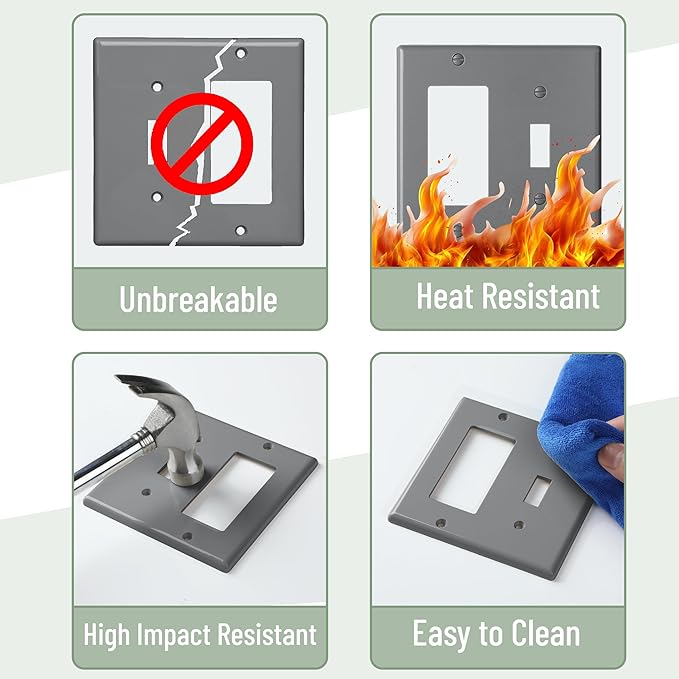 Bates- Combination Wall Plate, Toggle Switch/Decorator, Gray, 4.50"x4.57"/Standard Size, 2 Gang Wall Plate