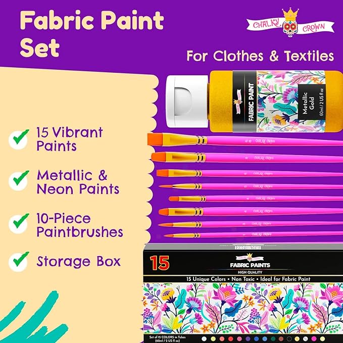 CHALKY CROWN Permanent Fabric Paint for Clothes, 15 Colors for Canvas, Textile, Fabric Paint Set - Child Safe Paint for Fabric with 10 Brushes & Storage Box (60ml each)