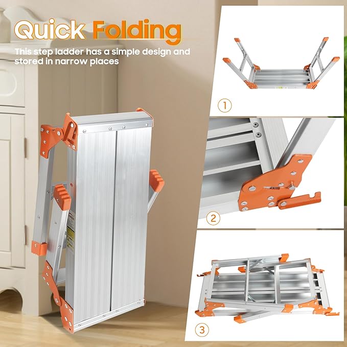 LEADALLWAY Aluminum Work Platform Step Ladder Heavy Duty Foldable 440 Lbs Capacity 30"x12"x20" Silver
