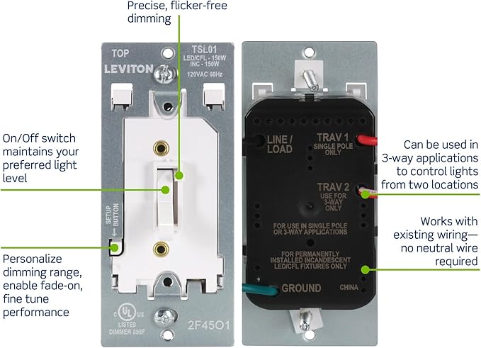 Leviton Toggle Slide LED Advanced Dimmer Switch for 150W Dimmable LED, Halogen and Incandescent Bulbs and Fixtures, TSL01-W, White
