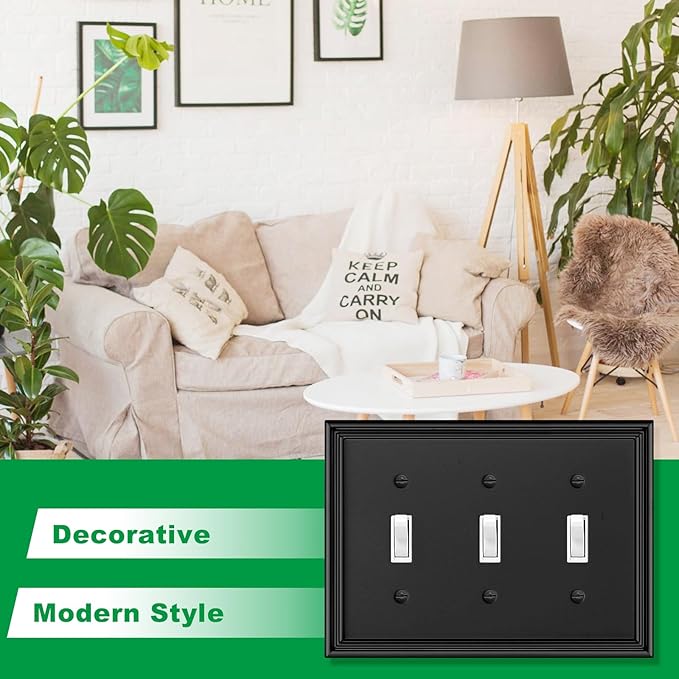 Black Modern Decorative Wall Plate Light Switch Cover Decorator Outlet Covers Rocker Switch Plates Bamboo Fiber Material Wall Plates for Kitchen Bathroom (3 Gang Triple Toggle-1 Pack)