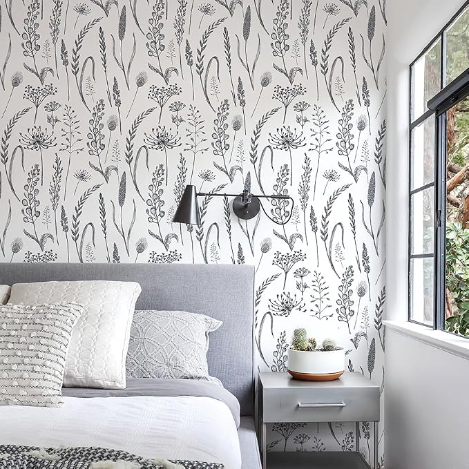 JiffDiff Peel and Stick Wallpaper Farmhouse Vintage Floral Contact Paper Wheat Meadow Removable Self Adhesive Wallpaper Black and White (56 sq.ft)