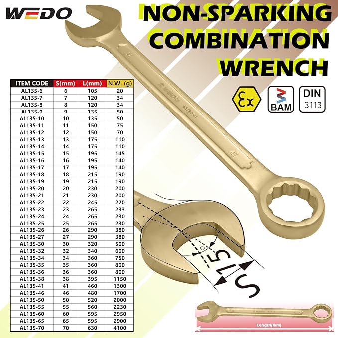 WEDO Non-Sparking Combination Wrench 15mm,Metric,Aluminum Bronze | 12-Point Spark-free Spanner,15 Degree Offset,Corrosion Resistance,DIN3113 Standard,BAM&FM Certificate,For Oil,Chemical,Mining