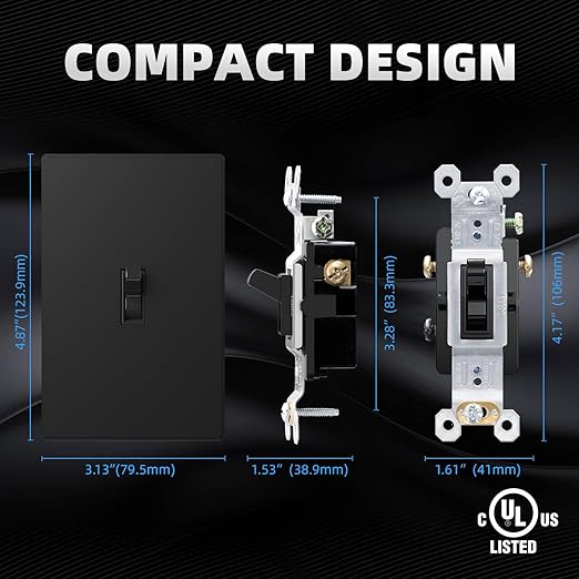 ELEGRP 3 Way Glossy Toggle Light Switch with Matte Mid Screwless Matte Plate, 15A 120V, Quiet Switch, In Wall On/Off, Self-Grounding, Residential Grade, UL (5 Pack, Black)