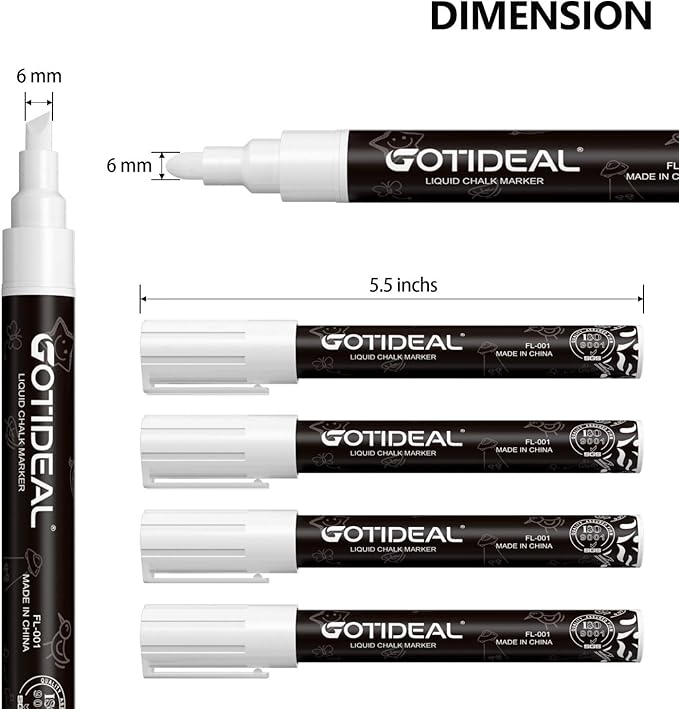 GOTIDEAL White Liquid Chalk Markers, 12 Pack Chalkboard Markers, Chalk Pens for Car Windows, Signs, Blackboard, Glass Painting, Erasable 6mm Reversible Chisel & Bullet Tip