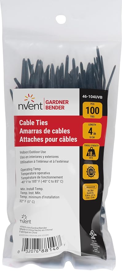 Gardner Bender 46-104UVB Cable Tie, 4 inch, 18 lb, Electrical Wire and Cord Management, Nylon Zip Tie, 100 Pk, UV Resistant Black