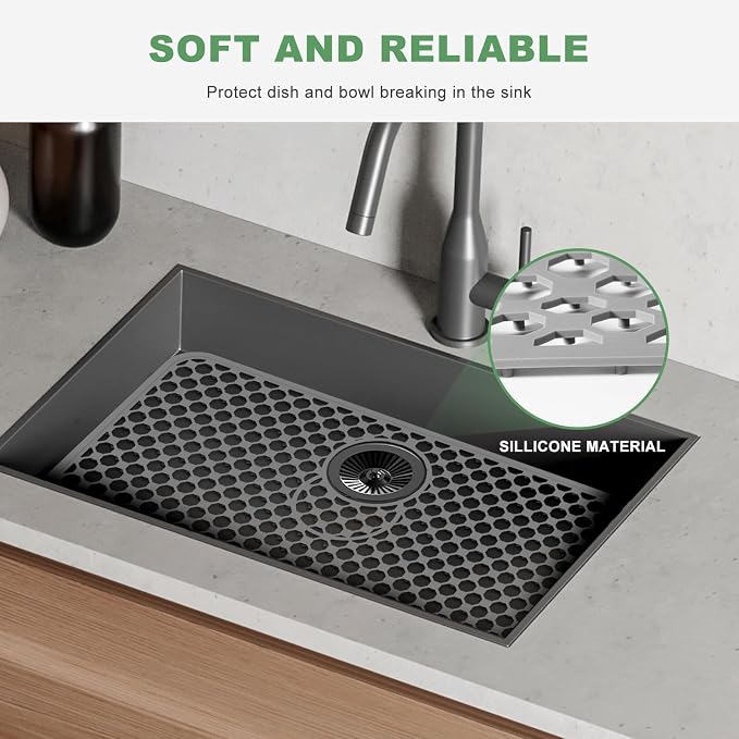 Sink Protectors for Kitchen Sink - Large 26.2"x 14" with Center Drain Hole Heat Resistant Easy Clean Non-slip Silicone Kitchens Sinks Mat for Bottom of Kitchen Sinks Stainless Steel(Grey)-66.5x35.6CM