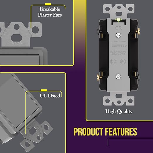 ENERLITES 4-Way Decorator Paddle Rocker Light Switch, Gloss Finish, Clamp Down Wiring, Grounding Screw, Residential Grade, 15A 120V/277V, UL Listed, 94150-GY, Gray