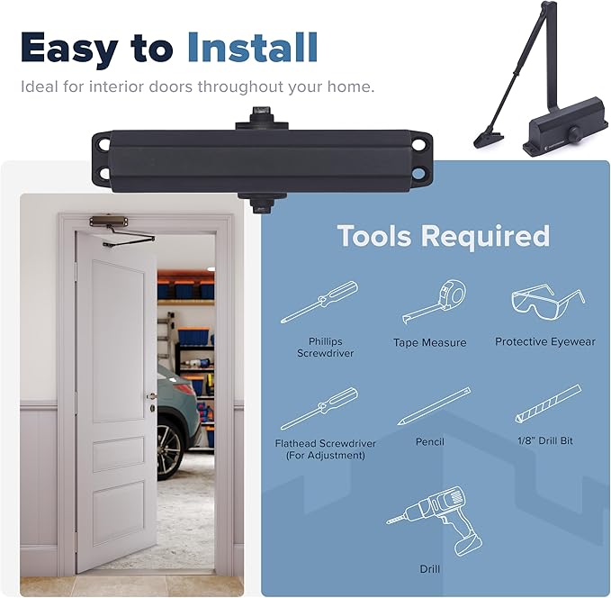 Automatic Door Closer (Black), FS-1306B Residential Hydraulic Auto Door Closer, Grade 3 Self Closing Spring Hinge, UL Listed & ADA Soft Closers No Slam, for Home & Interior Garage Doors Closure