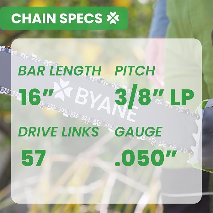BYANE 16-Inch Carbide Chainsaw Chain 3/8"LP Pitch .050" Gauge 57 DL | Fits Echo CS-310, CS-352, CS-400, and Worx WG303 (Replaces S57)