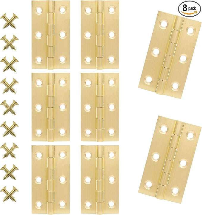 8pcs 2 Inch Brass Hinges, Mini Butt Hinges Cabinet Door Hinge, Box Hinges for Jewelry, Wooden Box, Small Cupboard Furniture Hinges (Gold)