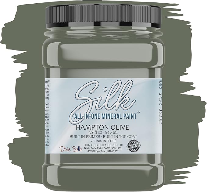 Dixie Belle Silk All-in-One Mineral Paint - Hampton Olive (32 Fl Oz) - Olive Green Water Based Built-In Primer + Topcoat for Wood + Metal - Durable Furniture Paint - Low Reflective Finish