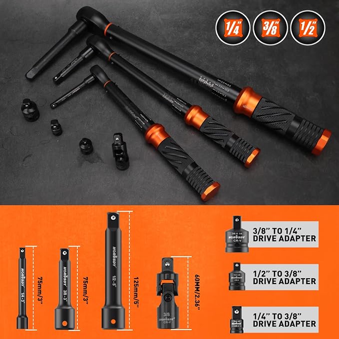 3Pack Torque Wrench Set, 1/4", 3/8", 1/2" Drive Click Torque Wrench Extra with Extension Bars & Adapters, Dual-Direction Adjustable Precision Torque Wrenches for Car, Motorcycle, Bike DIY Maintenance