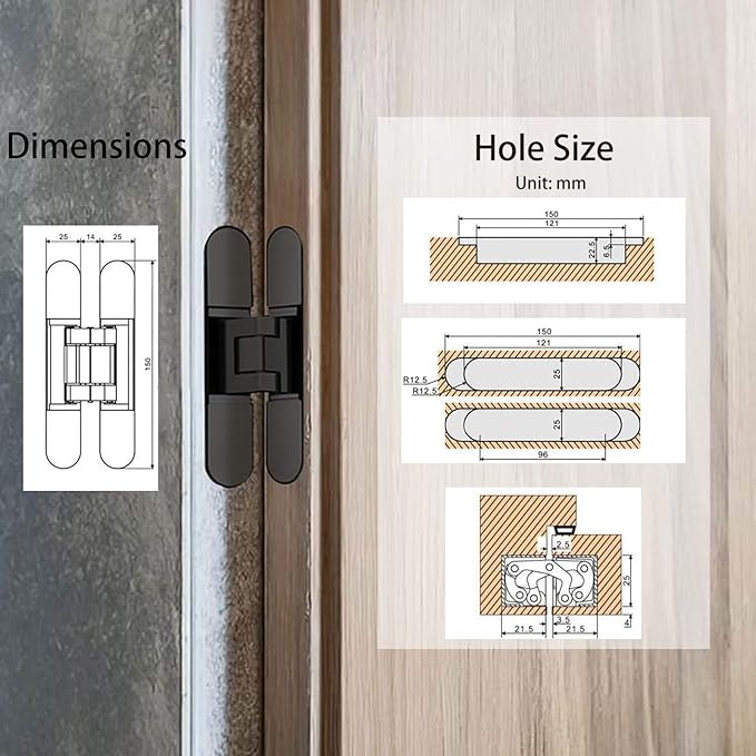 2-Pack 6 inch Hidden Door Hinges Heavy Duty Black, Invisible Concealed Hinges Zinc Alloy 6''x 2.5''x1Inch,180 Degree Swing Hinge, 3 Way Adjustable Hinge with Pins and Screws (2, Black)