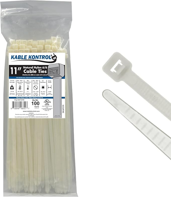 Kable Kontrol Heavy Duty Cable Zip Ties 100 Pcs 11 Inch, Natural White, 120 Lbs Tensile Strength, Self-locking Nylon Clear Plastic Wire Ties wraps for Indoor or Outdoor Use
