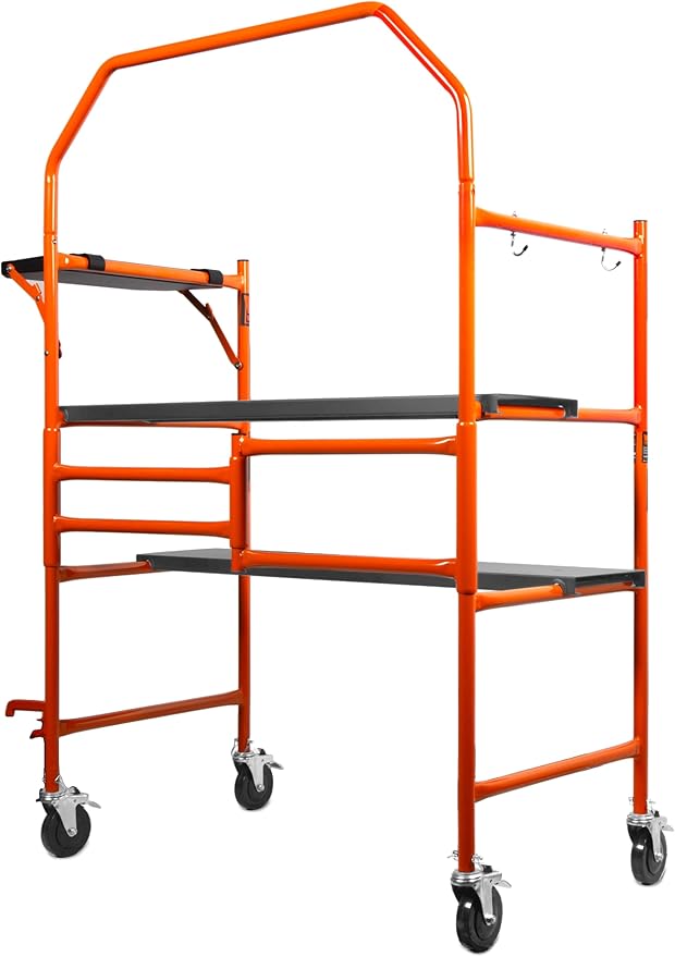 Wen 4-Foot Portable Rolling Scaffolding, 500-Pound-Capacity with Foldable Design, Safety Rail and Tool Shelf (31107)