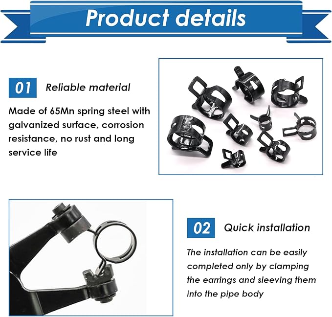 72Pcs Spring Hose Clamps Fuel Line Silicone Vacuum Hose Low Pressure Air Clamps & Sleeving Automotive Replacement Fastener Assortment Kit 6 Sizes (7mm 10mm 11mm 14mm 16mm 18mm) Black