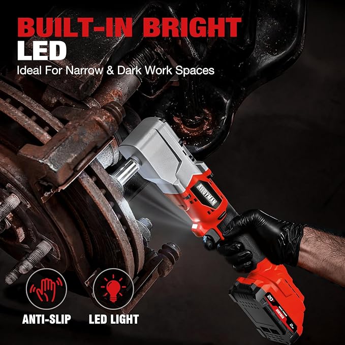 Alloyman 20V Brushless Right Angle Impact Wrench, 1/2", 207 FT-LBS(280.NM) | Slim 90°head, 2-speed control,2 batteries,LED light, for Tight Spaces, Automotive Repair, Engine Bay & Machinery Maintenance
