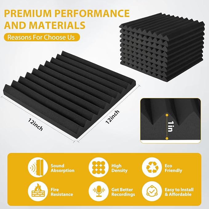 Acoustic Foam Panels 48 Pack 1" x 12"x 12" Saiqiang Black Soundproofing Panels Wedges for Wall Noise Absorbing and Sound-Damping Fire-Resistant Sound Proof for Studio, Gaming Room