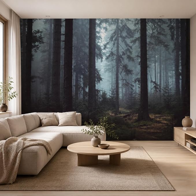 Foggy Forest Wall Murals Peel and Stick 148" W x 98" H | Misty Woodland Tree Self Adhesive Renter Friendly Wallpaper for Bedroom Living Room