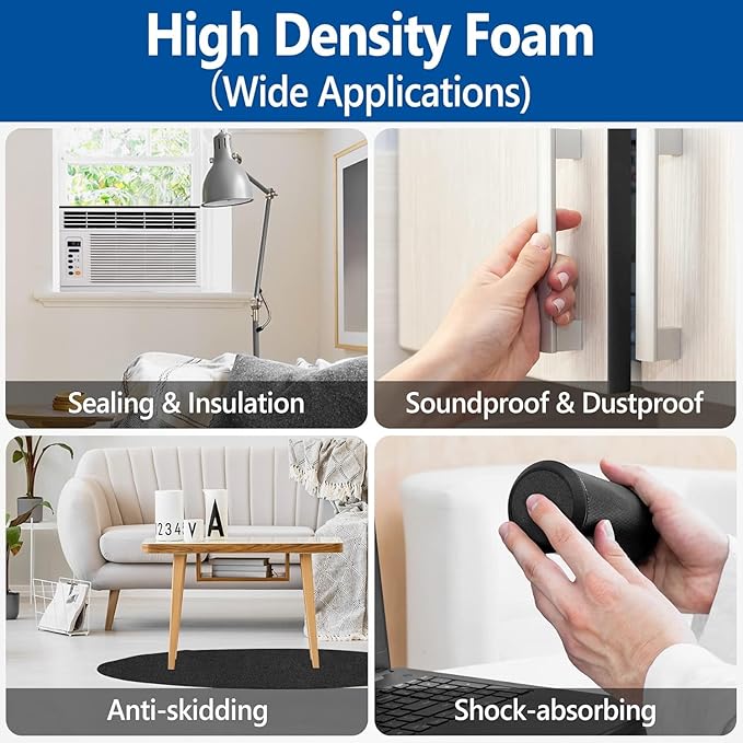 Kikerike Self Adhesive Foam Tape Weatherstrip 1/4In x 1/4In x 50Ft High Density Foam Insulation Strips Seal Weather Stripping with Strong Adhesive for Door and Window Sound Isolation Soundproofing