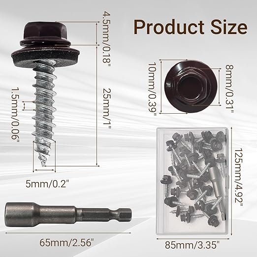 Biaungdo 30 Pack Metal Roofing Screws #10 × 1 Inch, Hex Head Sheet Roof Screws with EPDM Washers with 8mm Hex Socket, Self Starting Metal to Wood Siding Screws, Brown