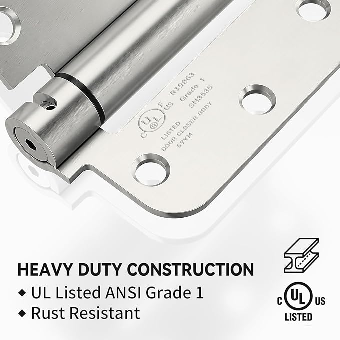 4 Pack Self Closing Door Hinges, 3.5 Inch Spring Loaded Door Hinges for Garage, Front, Back Door, Left/Right Hand, Adjustable Tension, 5/8'' Radius Corners, UL Listed, Brushed Nickel