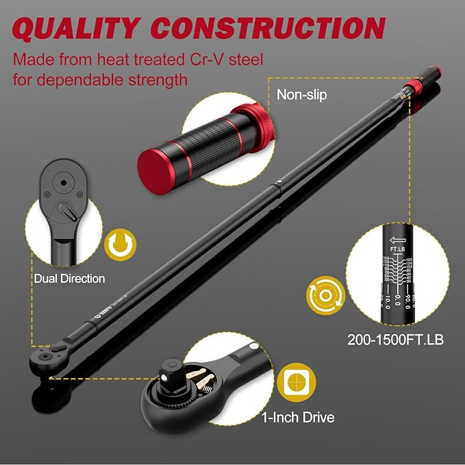 VANPO 1-inch Drive Click Torque Wrench, 200-1500 Ft-Lb, 70.87" Length | 271.0-2032.5 Nm, 24-Tooth, Heavy-Duty Torque Wrench Set with Hex Key for Construction Equipment & Large Engines
