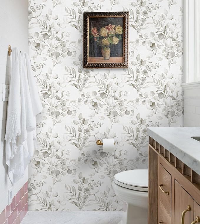 Naphite Gray Floral Peel and Stick Wallpaper Boho Farmhouse 787in17.3in | Watercolor Eucalyptus Leaf, Thicken,Self Adhesive Wallpaper for Renter Bedroom Bathroom, Removable,Contact Paper for Cabinets
