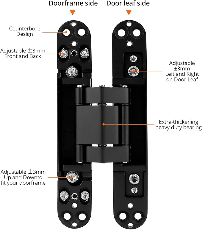 QWORK Adjustable Hidden Door Hinges (2-Pack), 6" Zinc Alloy Swing Hinger for Doors Up to 50mm Width & 0-35mm Thickness