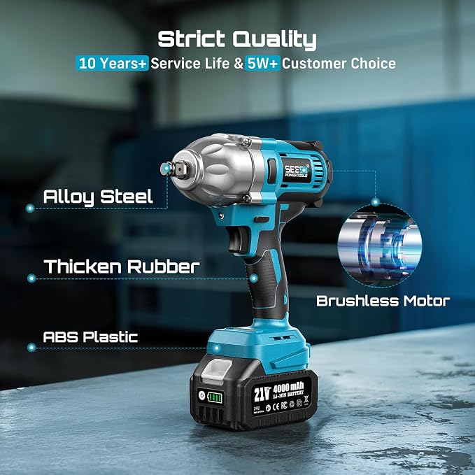 Seesii Impact Wrench 665 FT-LBS(900N.m) 3300IPM 1/2 Impact Gun High Torque Electric Impact Driver Cordless Impact Wrench with 21V 2x4.0Ah Battery 6 Sockets&Case for Home Car Tire Lug Nut Removal Tool