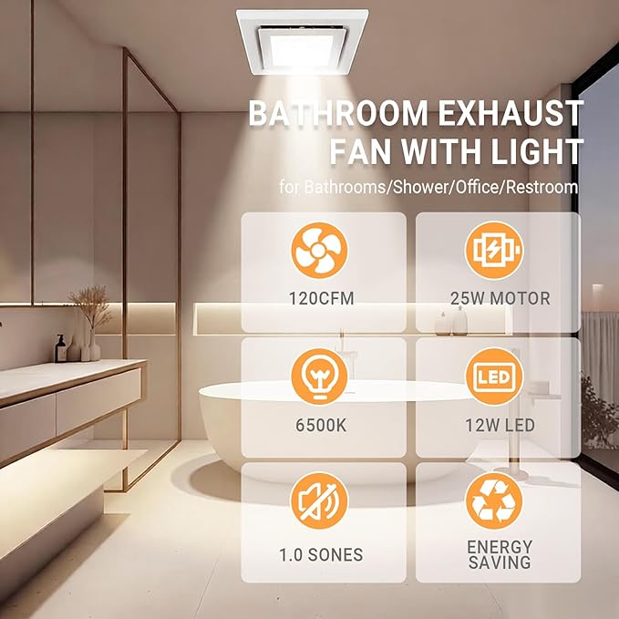 Bathroom Exhaust Fan with Light, 120 CFM Quiet Ventilation Fan with 6500K 12W LED Light 1.0 Sones Low Noise, 4" Duct Included Square Ceiling Mount Vent Fan for Shower Bathroom Office Home