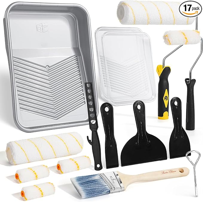 Bates- 9 Inch Paint Roller Kit, 17 pcs, Plastic Paint Tray, Clear Disposable Tray Liners, 4" & 9" Roller Frame, Roller Covers 4" & 9", Angle Brush, Plastic Scrappers, Can Opener and Stirring Rod