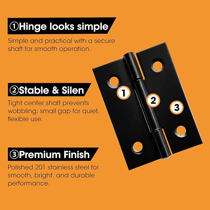 20 PCS 2 inches Black Cabinet Door Hinge Stainless Steel Butt Hinges Home Furniture Hardware Bisagras for Door, Window, Case Lid, Wooden Box Chest with 120 Mounting Screws, Black