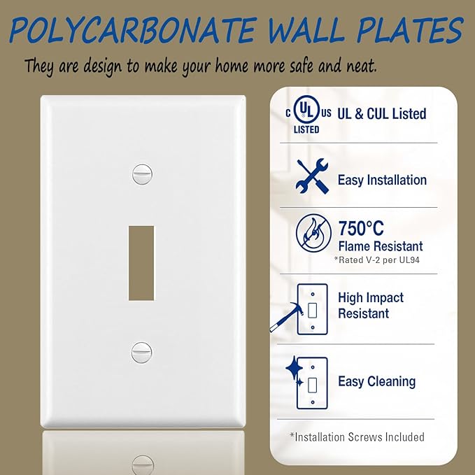 Light Switch Cover Plate,Toggle Light Switch Wall Plate,Toggle Wall Plate Cover,Standard Size 1-Gang 4.50" x 2.76",Unbreakable Polycarbonate Thermoplastic,UL Listed (2 Pack, Glossy White)