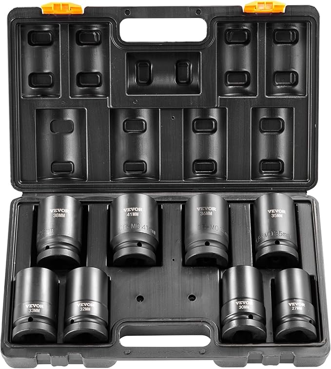 VEVOR 1" Drive Impact Socket Set, 8 Piece Deep Socket Set Metric 27-41mm, 6 Point Cr-Mo Alloy Steel for Auto Repair, Easy-to-Read Size Markings, Rugged Construction, Includes Storage Case