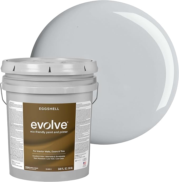 EVOLVE Interior Paint & Primer, Eggshell (Silver Gray), 5 Gallon – One-Coat Coverage, Excellent Hide, Low VOC, Low Odor, Washable Paint for Walls, Doors & Trim