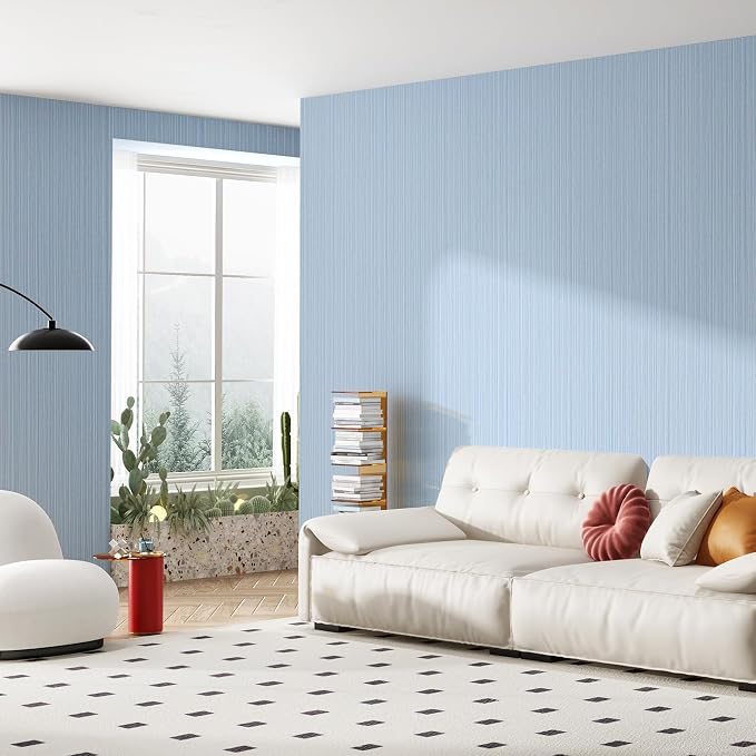 Light Blue Faux Grasscloth Wallpaper Peel and Stick Linen Textured 24"x394" Upgraded Thick Self-Adhesive Waterproof Neutral Decorative Contact Paper Vinyl Film Roll for Wall Bedroom Kitchen