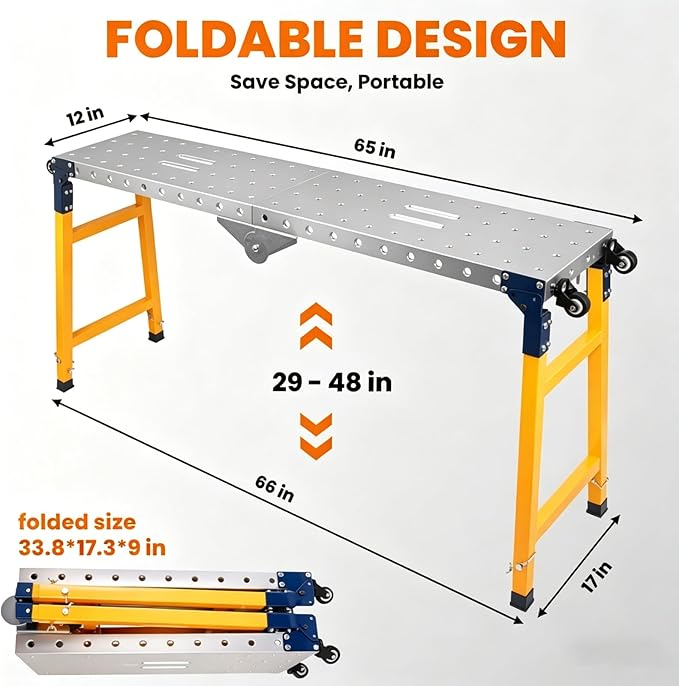 Adjustable Height Work Platform 2000 LBS 65"x12", Height 29" to 48" Folding Steel Work Bench, Portable Scaffold Ladder for Drywall, Painting & Home Renovation