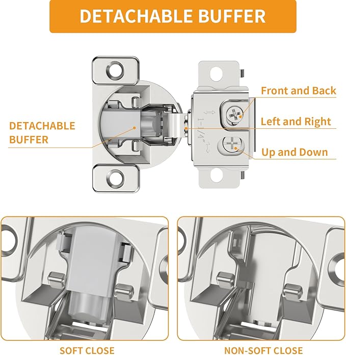 Chibery 2 Pack 1-1/4" Overlay 3D Soft Close Concealed Hinge, Face Frame Door, Small Angle Slow Close, Self Closing Hidden Satin Nickel, 105° Concealed Stainless Steel Hinges for Kitchen Cabinet Door
