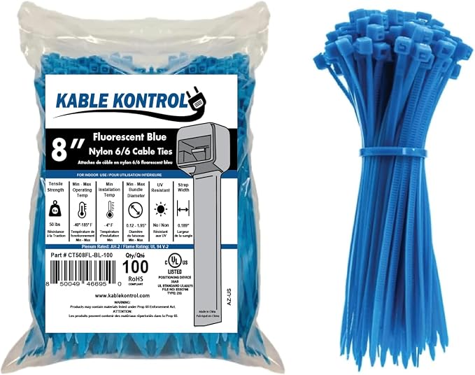 Kable Kontrol Fluorescent Blue Zip Ties 8 Inch 100 Pcs, 50 Lbs Tensile Strength, Self-locking Nylon Colored Cable Ties Wire Wraps for Indoor or Outdoor Use… | Nylon Plastic, Self Locking, UL Listed, Indoor Use