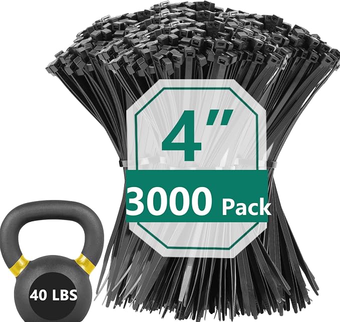 3000 Pack 4 Inch Black Zip Ties, 40 LBS Heavy Duty Cable Ties, UV Resistant Nylon Wire Ties, Self-Locking Plastic Straps for Indoor & Outdoor Use