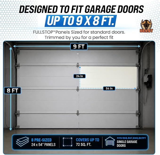 BEEST FULLSTOP Platinum Garage Door Insulation Kit - 9x8 & 8x8 ft Single Garage Door Insulation Panels w/ Threshold Seal, 8 Pre-Cut 24x54”, Window Films, Entry Draft Stoppers and Top & Side Seals