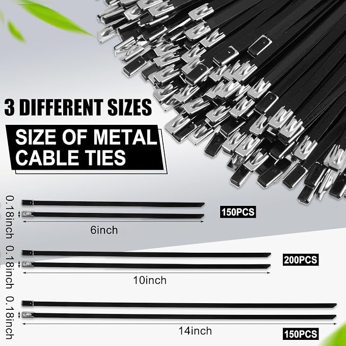 Pelopy 500 Pcs 6", 10", 14" Metal Zip Ties Black 304 Stainless Steel Zip Ties Epoxy Coated Tie Heavy Duty Cable Self Locking Cable Multi Purpose for Machinery Vehicles Exhaust Wrap Outdoor Fence Farms