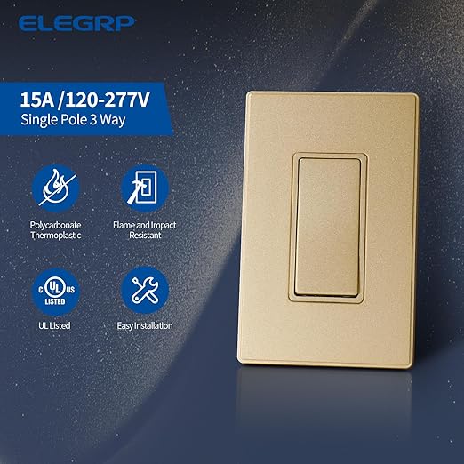 ELEGRP Matte Champagne Gold 3 Way Decorator Light Switch, 15A 120-277V, Paddle Rocker Switch Replacement, On/Off Wall Switch, Self-Grounding, Residential Grade, with Mid Wall Plate, UL/CUL, 1 Pack