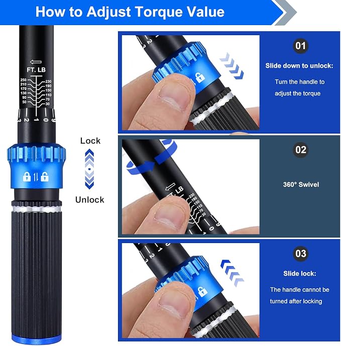 Torque Wrench 1/2 drive, 30-250 FT.LB/40.7-339 Nm, Dual-Direction Adjustable 1/2 Torque Wrench, 72-Tooth Click Dual Range Scales Wrenches for Car, Truck,Tractor